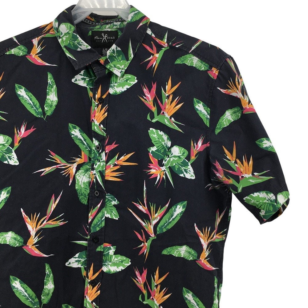 Marc‎ Ecko Button Down Shirt Mens Large Black Tropical Bird of Paradise Floral L